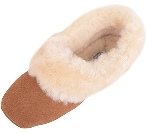 SNUGRUGS Eleanor, Womens Low Top Sheepskin Ballerina Slipper, Suede Sole, Chestnut, UK 7