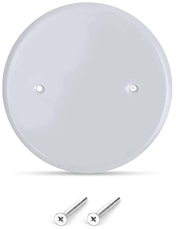 AP-12031, 5 Inch White Metal Ceiling Blank-Up Cover, Used to Cover 3-1/2 Inch Round/Octagon Box Openings In Ceilings or Walls, Mounting Screws Included, Holes Are Spaced 2.75 Inches