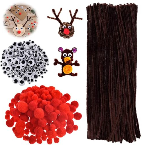 400 Stück Pfeifenputzer Set, Pfeifenputzer, Pfeifenreiniger Braun, Pfeifenputzer Braun zum Basteln, Pfeifenputzer mit Wackelaugen Rote Pompons, Pfeifenreiniger zum Basteln für DIY Kinder Weihnachten