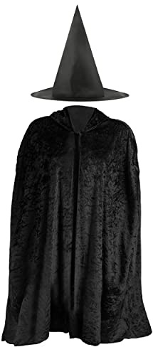 Girls Halloween Witch Costume - Black Velour Cape and Pointed Witch Hat - Kids Halloween World Book Day Fancy Dress Costume