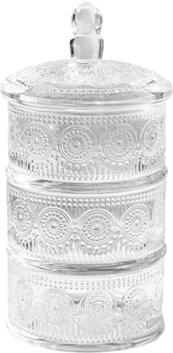 Zerodeko Candy Dish Glass Storage Jars 3 Tier Decorative Round Glass Storage Jars Clear Glass Stackable Snack Containers Apothecary Jar Sweets Canning Glass Jar for Kitchen Bathroom