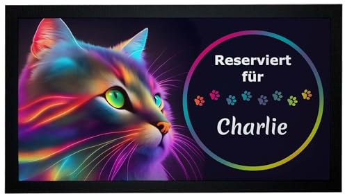 Napfunterlage Katze mit Name Neon-Design Futtermatte personalisiert 44x25 cm