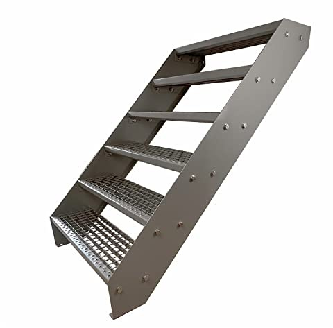 Kaminbau Mierzwa Premium Stahl Treppe Verzinkt & komplett Silber Pulverbeschichtet 6 Stufen (Breite 100 cm) (Höhe 114 cm) Wetterfest Gitterroststufe Gartentreppe