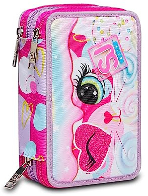 SJ GANG STYLE JAM GANG, Astuccio Scuola 3 Zip, HEART LOLLY, Rosa - Attrezzato con Matite, Pennarelli e altro, Portapenne Scuola Bambino