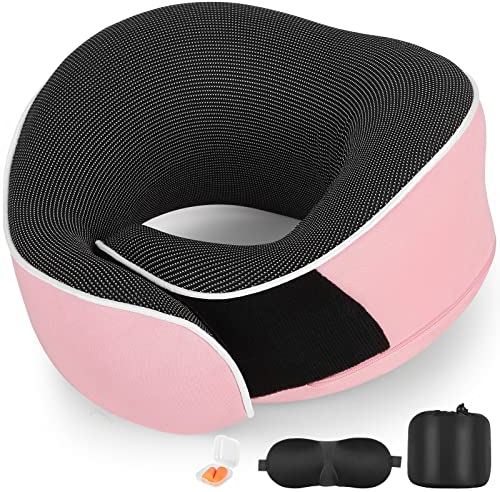 AYhome Aeroplane Travel Neck Pillow 360° - Memory Foam - Suitable for long distance air travel - Can be used for both men and women Adults with eye mask and ear plugs - Pink