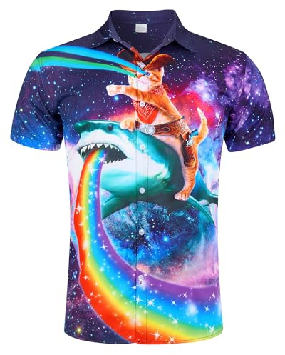 RAISEVERN Camicia Uomo Galassia Squalo Gatto Vintage Casual Brutte Camicie Funky Stampa 3D Divertente Camice Hippie Festa Regalo, M
