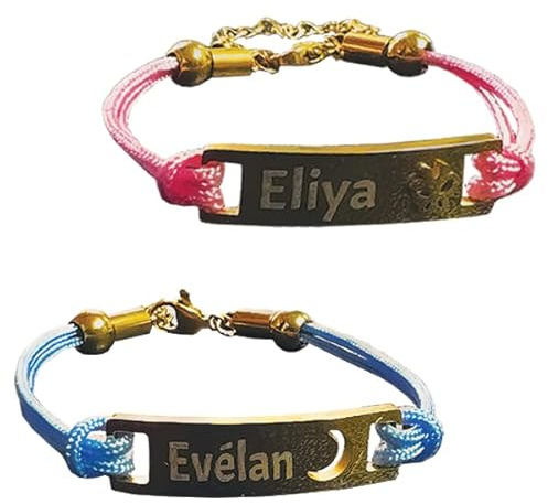Jeux'Gratte Bracelet enfant personnalisé gravé prénom – Gourmette réglable acier inoxydable – Rose ou bleu – Cadeau naissance baptême