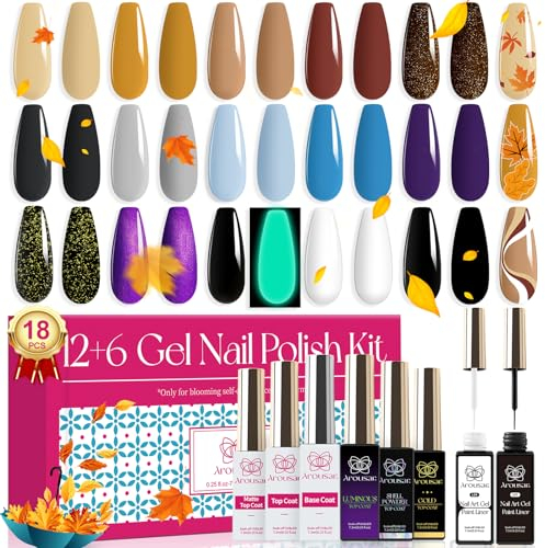 Arousar Gel Nagellack Set, 18pcs Gel Nagellack Neu Farben für UV Lampe, Schwarz Grau Khaki Funkeln für schöne langanhaltende Gelnägel, Gel Polish Set für professionelle Anfänger