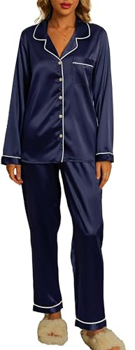 Xuepelit Satin Schlafanzug Damen Langarm Silk Pyjama Set Mit Knopfleiste Zweiteiler Loungewear Lang Elegant NachtwäSche Schlafshirt