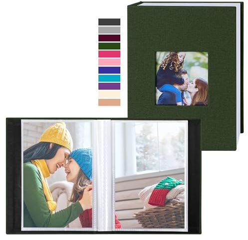 Lanpn Album Photo 10x15 Mini Petit Format 100 Pochette 2 Paquets, Lin Tissu Album pour Vertical Photos Vert