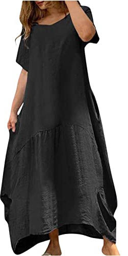 Zeiayuas Maxi Dresses for Women UK Cotton and Linen Dresses Beach Dress Solid Short Sleeve Shift Dresses Plain Baggy Sun Dresses Crewneck Comfort Casual Dress Daily Wear Long Dress Black