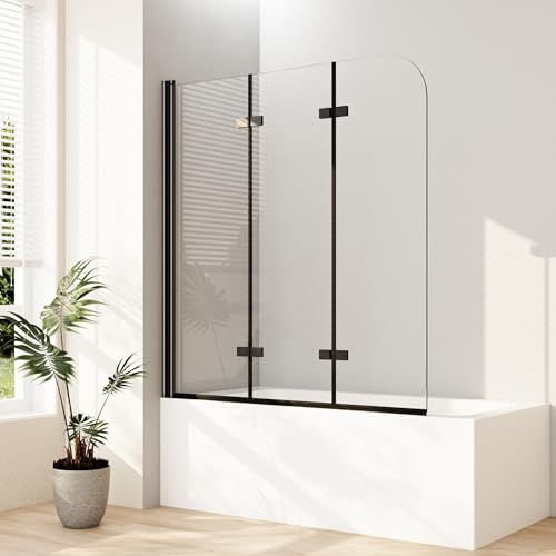 Boromal Duschabtrennung für Badewanne, 3-teilig faltbar Schwarz, 140x140cm, 6mm ESG Sicherheitsglas, Metallscharniere, Wandmontage, Modern, Duschwand, Badewannen-Duschwand