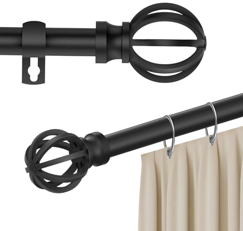 Bastone per Tende Nero 67-107 cm, Bastone per Tende da 16 mm per Finestre con Estremità Rotonde e Supporti per Camera da Letto, Soggiorno, Cucina