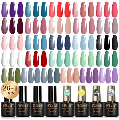 ROSALIND UV Nagellack Set, 26+4 Stück Gel Nagellack mit Unterlack & Überlack, Matt & Glitzer Überlack, Gellack Lila Blau Rosa Rot Grün Farbgel für Gelnägel,Soak-Off UV Gel Set für Nagel Design