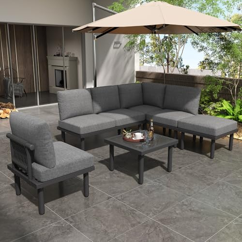 Gartenlounge Set für 5-6 Personen, Gartenmöbel Balkonmöbel, Outdoor Lounge-Set Sitzgruppe mit Kissen und Couchtisch, verstellbare Füße, Gartenmöbel-Set aus Seil für Garten Balkon und Terrasse (Grau)