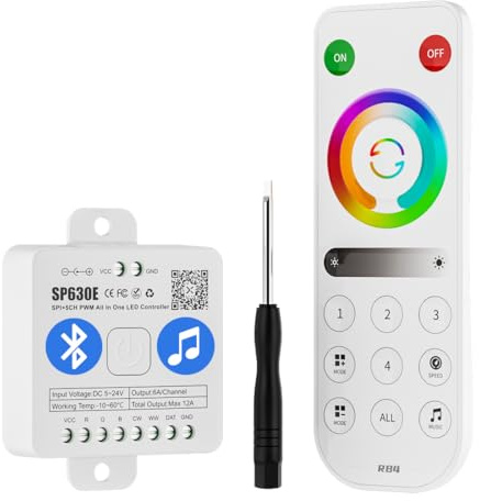 BTF-LIGHTING FCOB SMD PWM RGBWW Or SPI RGBCCT IC Chip LED Strip RB4 2.4G Wireless Touch RF Remote 4 Zone Control, SP630E Bluetooth Controller Support Music Effect DIY Timing
