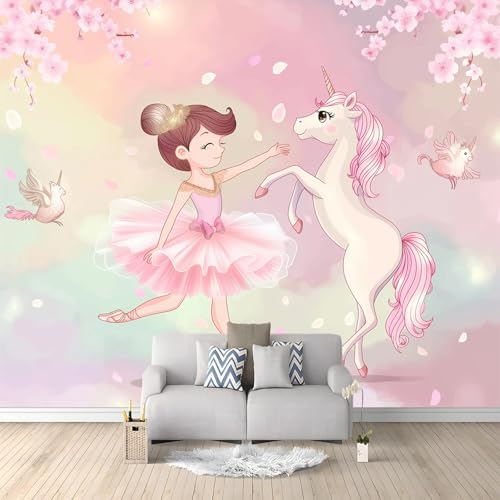 Art Fototapete Cartoon-Mädchen-Einhorn-Rosa Vlies Tapeten Moderne Flur Wanddeko Wandtapete Wohnzimmer Schlafzimmer Spielzimmer Tapete Wall Art Wandbilder 250x175 cm