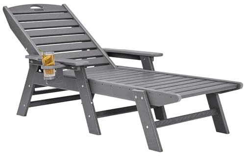 VEVOR Sonnenliege, 204 kg Tragfähigkeit, Verstellbarer Liegestuhl mit 6-Fach Verstellbarer Rückenlehne, HDPE-Strandliege mit Getränkehalter, Relaxliege für Pool, Terrasse, Hinterhof, Rasen, Grau