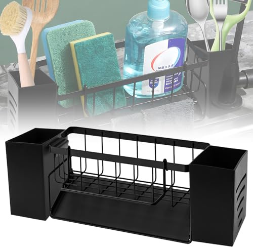Rierousy Spülutensilien Aufbewahrung Spühlorganisierer Küchenorganisation Spüle Spülbecken Organizer Schwarz mit 2 Stäbchenhalter Küche Organizer Edelstahl (-02)