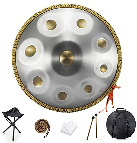 Handpan Drum 432 Hz in D-Moll, Stahltrommel 10 Noten 22 Zoll + Tasche, Ständer, 2 Hämmern & Tuch - Gold - Komplettes Handpan-Set