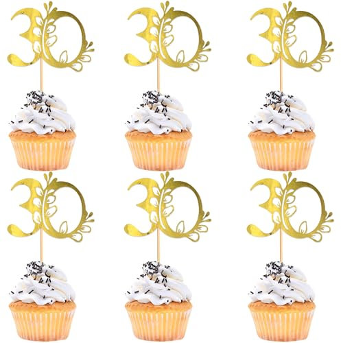 Blumomon 24Pcs 30th Happy Birthday Cupcake Toppers Happy 30 Cupcake Topper Cheers to 30 Cake Decoration for 30th Birthday Party Decoration 30th Anniversary Cake Decoration（Gold）