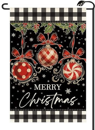 Bandera de jardín de bola de Navidad de 12 x 18 pulgadas, vertical de doble cara, adorno a cuadros de búfalo de invierno, bayas de acebo, banderas pequeñas, decoración exterior de granja para patio