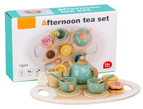 URFEDA Service à thé en Bois pour Tout-Petits, 15PCS Services à Thé en Bois, Tea Party Jeux de Rôle, Jeux Montessori Éducatif, Jouets en Bois Jeux de Cuisine pour Enfants Filles 3 4 5 6 7 Ans