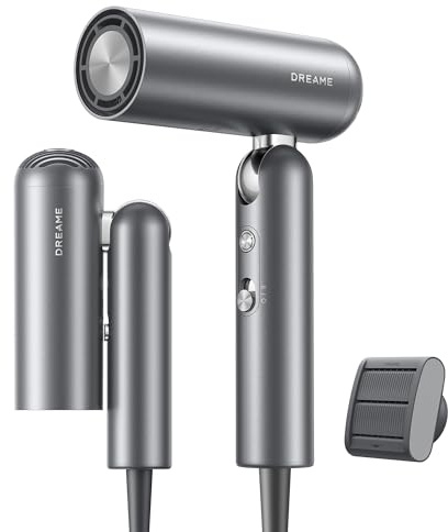 DREAME Pocket High-Speed Hair Dryer, 110,000RPM Motor, 3 Foldable Forms, 300 Million Negative Ions/cm³, 57°C Constant Temperature, 40s Drying, Low Noise Hair Dryer, 300g Light Weight, Grey