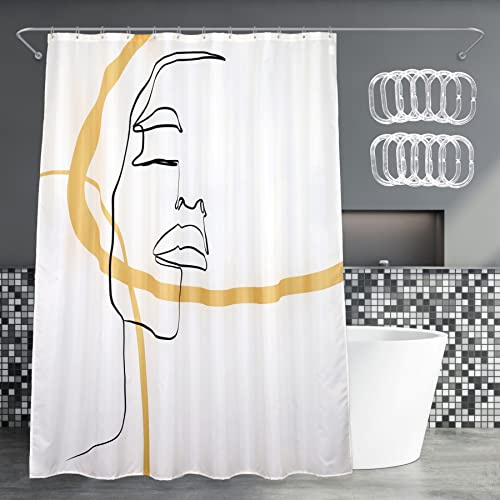 Popkozzi Duschvorhang mit abstraktem Gesicht: Schwarz & Gold, wasserdicht, waschbar, beschwert, minimalistisch, Moderne Kunst, Duschvorhang-Set mit Haken und Ösen, 183 x 183 cm
