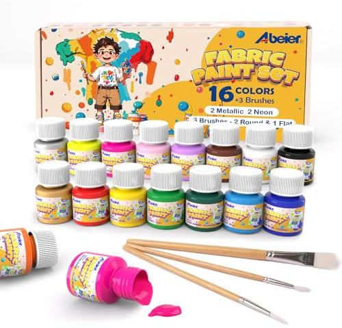 ABEIER Pintura Textil Permanente,16 Colores X 20ml,Kit de Pintura para Tela,3 Pinceles,No Tóxico Pintura Textil para Pintar Ropa, Zapatillas, Camisetas, Vaqueros y cualquier Tejido