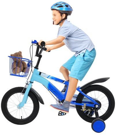 CUMELLIIR Bicicletta per bambini e bambine da 14, con ruote stabilizzatrici e cestello, regolazione dell'altezza, in acciaio al carbonio, per bambini da 3 a 4 5 6 anni, colore: blu
