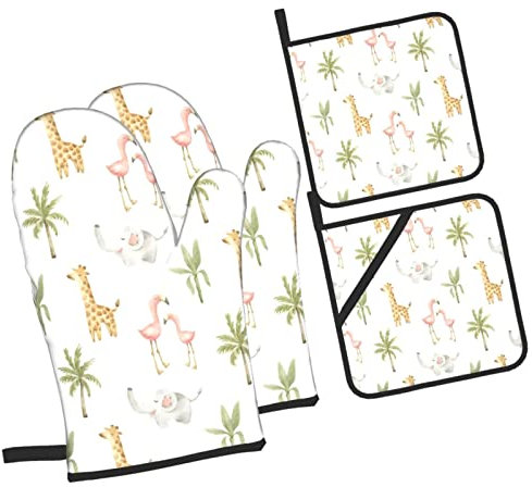 4 Pezzi Presine Da Cucina Set Childish Animal Elephant Flamingo Giraffe Guanti Da Forno Divertenti Resistenti Guanti Da Cucina Per Cucina, Grigliare, Griglia