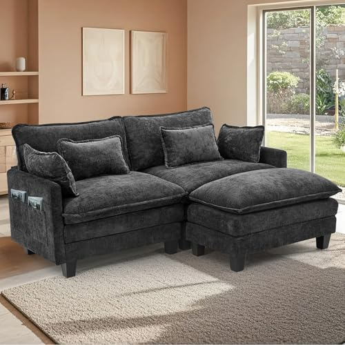 ZRNINR L-förmiges modulares Ecksofa mit Ottomane, 3-Sitzer-Sofa mit tiefer Sitzfläche, bequemes Wolkensofa mit Kissen, modernes Sofa für Wohnzimmer, Schlafzimmer, Wohnung, Büro (194CM, Schwarz)