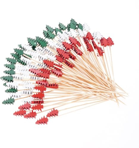 Werownsgso 100 Stück Weihnachtsbaum Cocktailspieße 12cm Hölzerne Fingerfood Spieße Weihnachten Holz Obstspieße Cocktail Picks für Weihnachtsfeier Essen Cocktail Dekoration