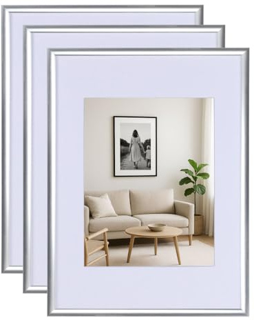 KM FOTO 3er 5er Set New Lifestyle Kunststoff Bilderrahmen mit Passepartout & Kunststoffglas Hoch- & Querform: Farbe: 3er Pack Silber | Format: 40x60