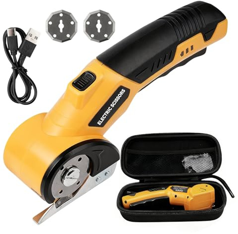 DEWIN Elektrische Schere, 230 U/min 4V Kabellose Kartonschneider Elektrischer mit 2 Scherblade, Lithium Akku und Sicherheitssperre für Stoffe Leder und Blech