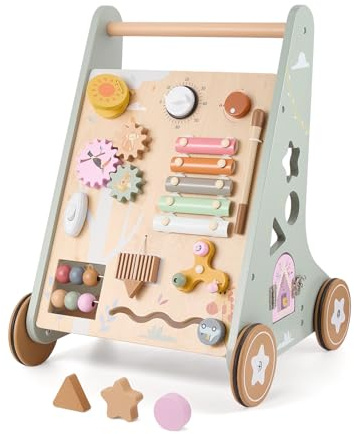 Brolteja Baby gåvagn i trä, baby walker-set, trä gåvagn för spädbarn från 12 månader, present till pojkar och flickor