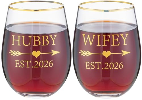 landskykit Wedding Gifts for Couples Set of 2 Wine Glasses Hubby Wifey Est 2026 Bridal Shower Gifts for Bride and Groom Newly-Married Anniversary for Him/Her Mr and Mrs Gift