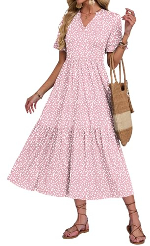 AUSELILY Summer Dresses for Women UK V Neck Maxi Dresses Ladies Ruffle Short Sleeve Swing Casual Long Beach Dress with Pockets Pink Pattern L