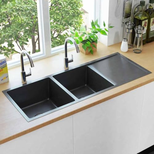 Fregadero De Cocina De Acero Inoxidable Negro con Doble Cubeta y Escurridor, Acabado Cepillado y Drenaje en X, kitchen sink, Fregadero Bajo Encimera, Apto Para Cocinas y Lavaderos, 111.5x44x20 cm