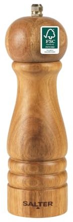 Salter Olea Salt & Pepper Grinder – Single FSC®-Certified Wooden Seasoning Mill, Adjustable Grind Coarse to Fine, Ceramic Mechanism, Manual Grinding, Salt Crystals or Peppercorns, Brown