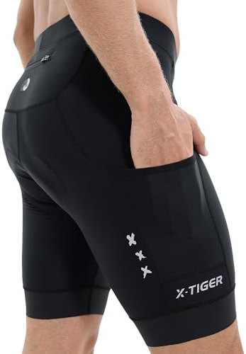 X-TIGER Pantaloncini Ciclismo Uomo Imbottito MTB Ciclismo Corti Bicicletta | Traspiranti Pantaloni Bici 3 Tasche Antiscivolo Sulle Gambe Cintura Elastica Logo Riflettente