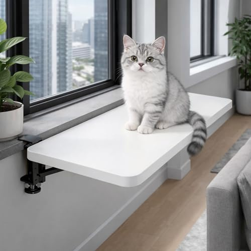 Window Sill Extender Clamp-on Window Sill Shelf for Cats, No Drill Kitchen Window Sill Extender White Black, Foldable Desk Extender Tray Countertop Gap Rack(White,70x25cm(27.6x9.8in))