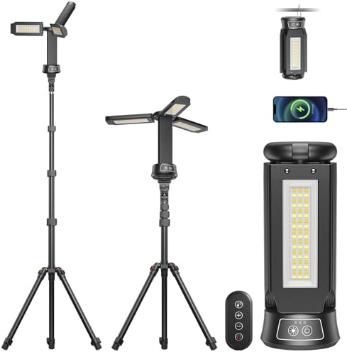 15000 mAh Projecteur de Chantier avec Télécommande, 5000LM Projecteur LED Rechargeable Dimmable, 5 Mode, Trépied Réglable 2.08m, Lampe de Camping Réglable avec Sac de Transport pour Atelier, Urgence
