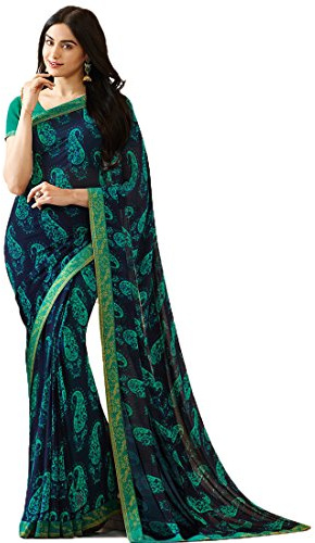 MOHIT CREATIONS Women's Partywear Printed Saree with Unstitched Blouse (Blue Mango)