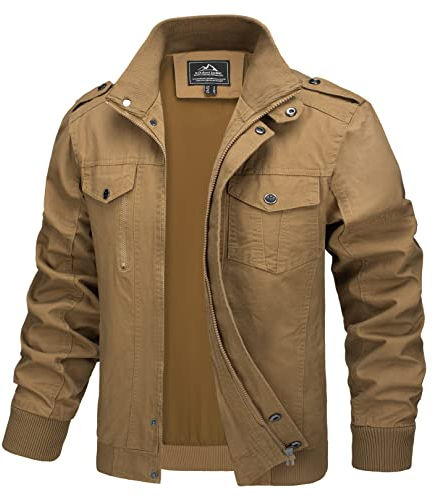 MAGCOMSEN Herren Übergangsjacke Winter Jacke Army Feldjacke Herren Stehkragen Cargojacke mit Multi Taschen Winddicht Baumwolljacke Khaki M