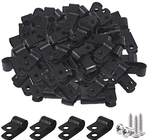 Glarks 120Pcs 1/4 Inch Black Nylon Screw Mounting R-Type Cable Clip Wire Clamp with 120Pcs Screws for Wire, Cable, Conduit and Cable Conduit Kit (Black)
