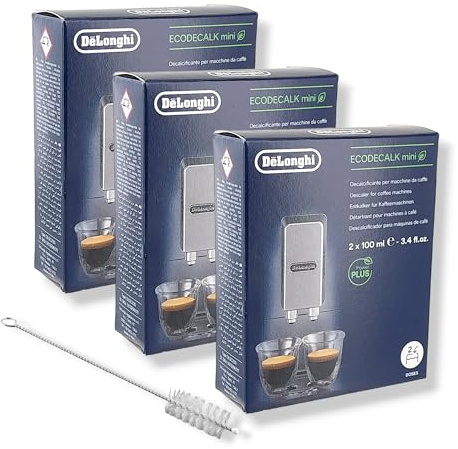 DL-pro 3 x avkalkningsmedel EcoDecalk Mini 6 x 100 ml kompatibel med DeLonghi 5513292821 DLSC003 kaffemaskin med DL-pro rengöringsborste