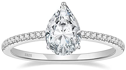 EAMTI 2CT 925 Sterling Silver Engagement Rings Pear Cut Cubic Zirconia CZ Wedding Promise Rings for Her Stunning Teardrop Wedding Bands for Women Size 3-11, 7 UK, Sterling Silver, Cubic Zirconia