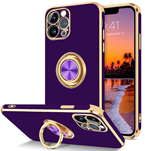 DOMAVER Case for iPhone 12 Pro Max with 360° Ring Holder, Shockproof Slim Kickstand Magnetic Support Car Mount Women Men Non-Slip Protective Phone Case for iPhone 12 Pro Max 6.7, Deep Purple/Gold